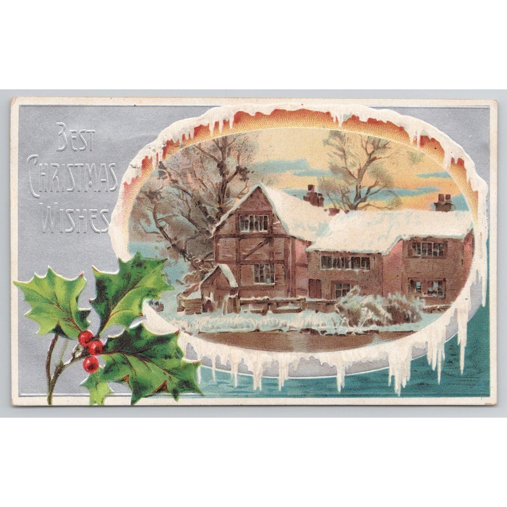 Vintage Christmas Postcard Embossed Snowy House Wishes 1908 Santa Cruz CA German